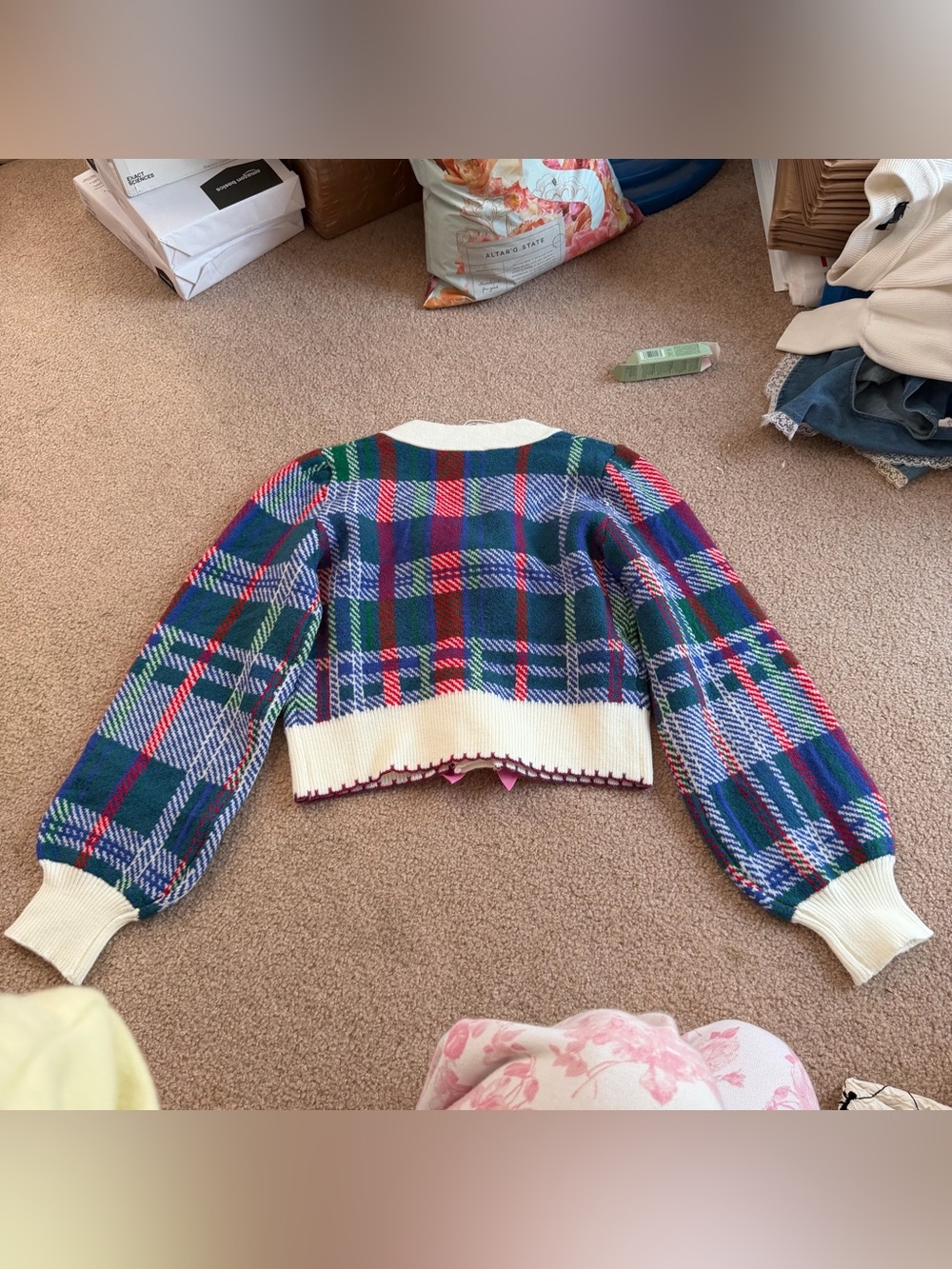 So Me Green Blue Red Plaid V-Neck cardigan Sweater with Pink Bows - Picture 5 of 5